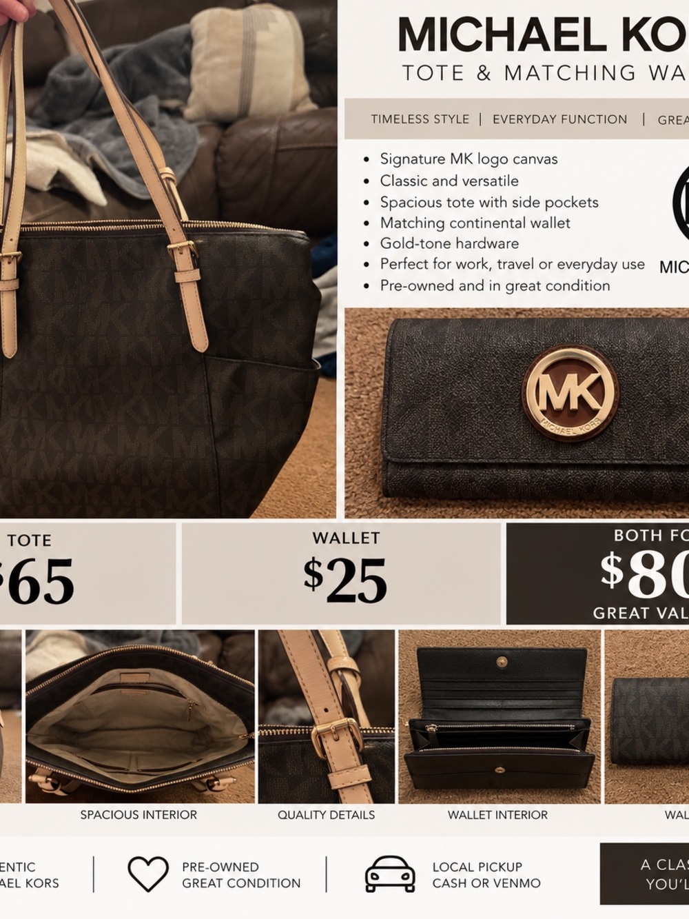 Michael Kors Brown Signature Tote with Tan Straps